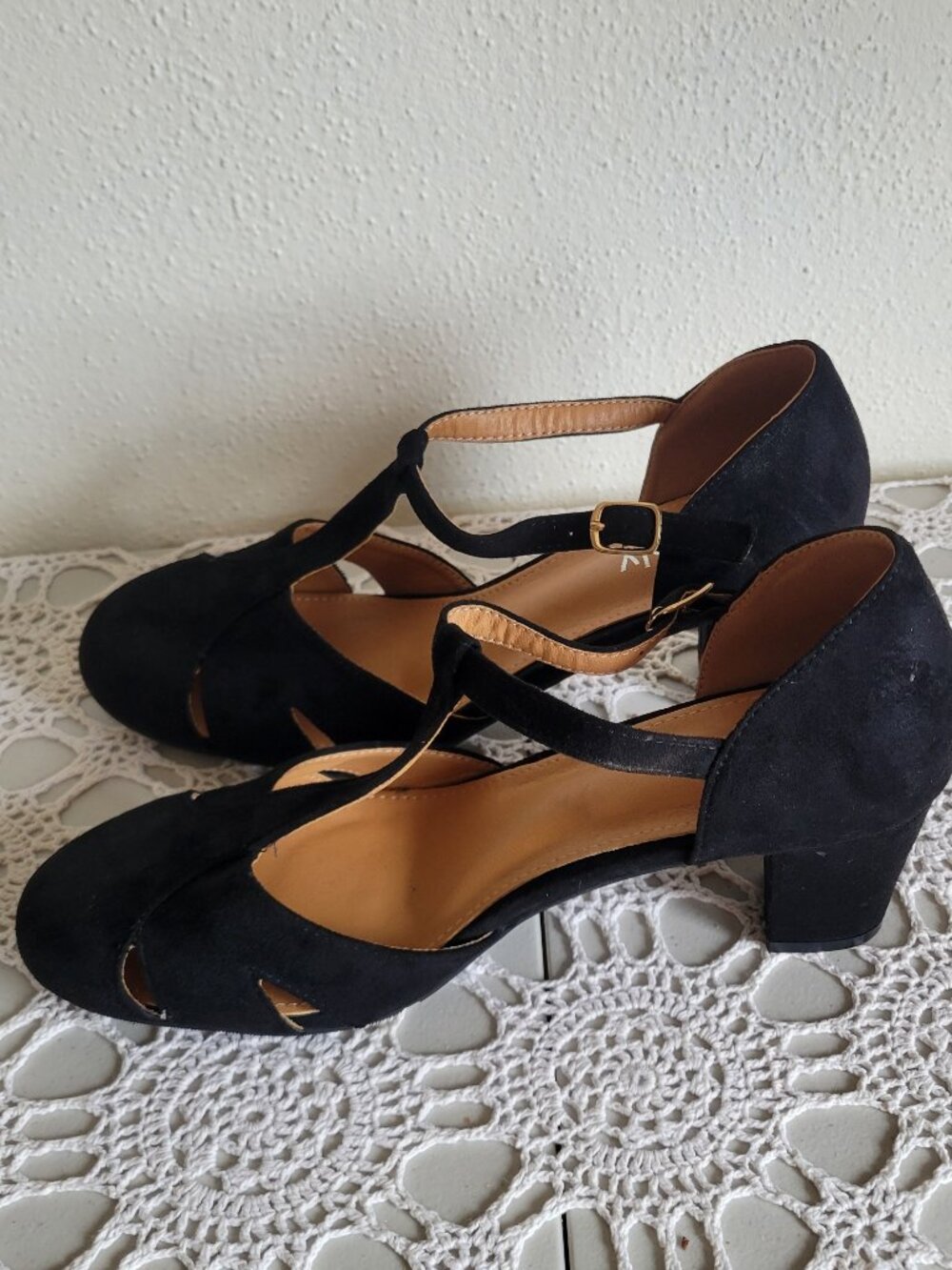 Peijely Black Faux-Suede T-Strap Mary Jane shoes low block heel size 10 New